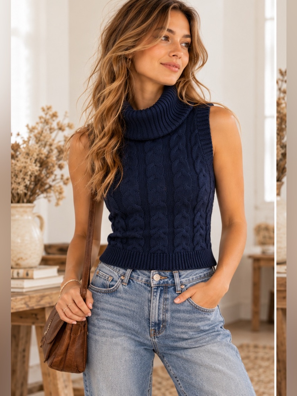 Cider Navy Cable Knit Turtleneck Cottagecore PreppyS Minimalist Sweater Vest XS